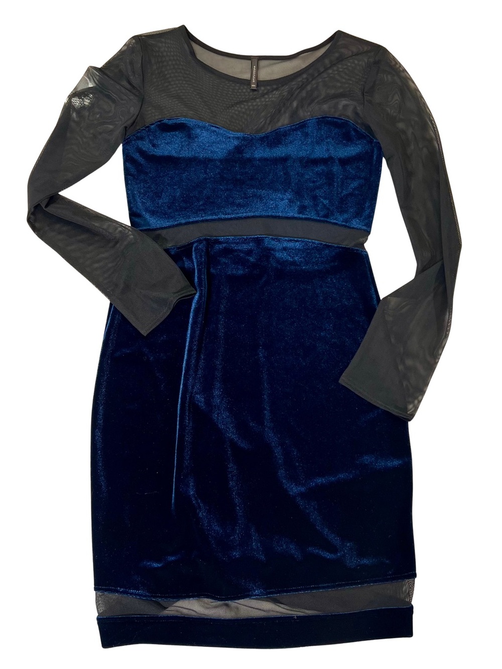 Velvet Stretch Mesh Insert Long-Sleeve Bodycon Dress in Navy